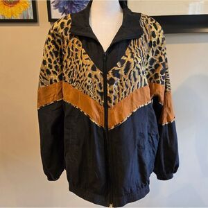 Vintage Womens animal Print Black and Brown Lightweight Wind Breaker 100% Silk